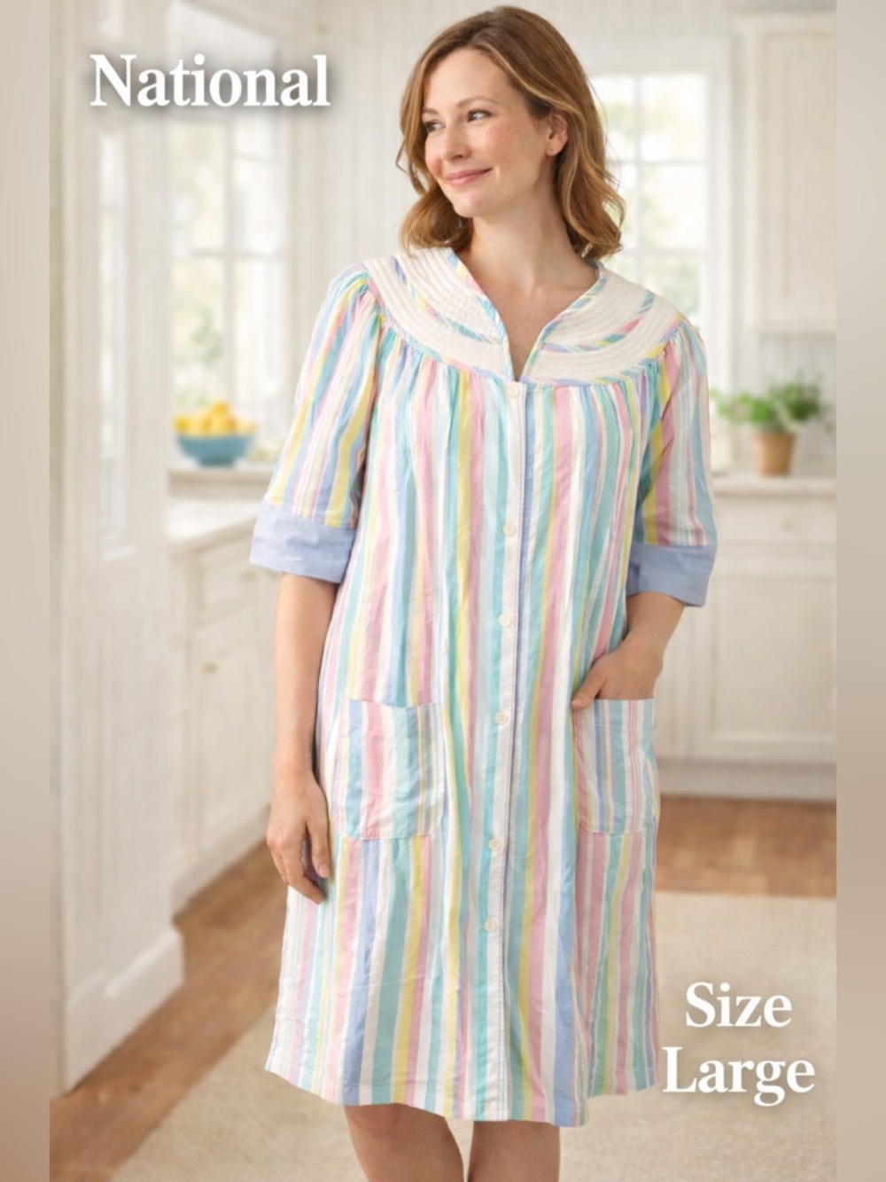 National Pastel Stripe House Dress Duster Snap Front Pockets Size L